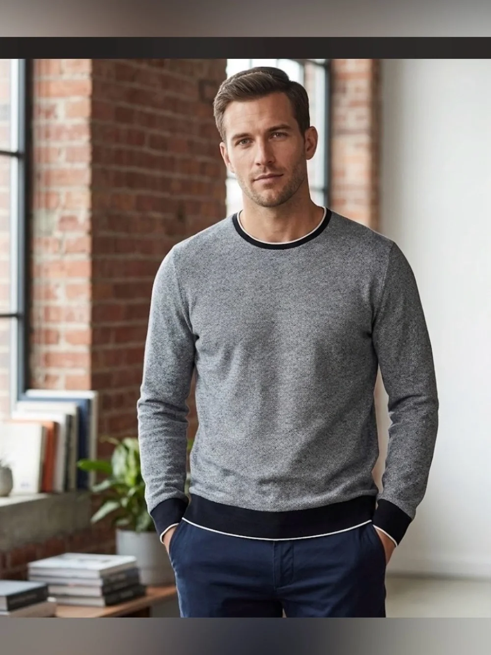 Hugo Boss Men's Grey Crewneck Sweater with Contrast Navy Trim size XXL SLIM FIT